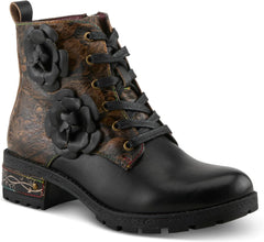 Spring Step L'Artiste Martinela Heeled Booties - Floral Appliqué Leather Ankle Boots with Artistic Touch - Cushioned Insole, Durable Rubber Sole,Women's Footwear