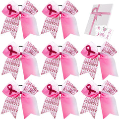 7 Inch Breast Cancer Awareness Cheer Bow Large Glitter Hair Bow Pink Ponytail Holder Elastic Hair Ties for Cheerleader Girls Set of 8