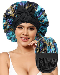 Satin Bonnet for Women Silk Bonnets for Sleeping Curly Hair Bonnet with Elastic Tie Band Reversible Double Layer Sleep Cap Hair Wrap (Bean Paste + Pink)