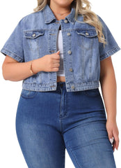 Agnes Orinda Plus Size Denim Jacket for Women Short Sleeves Button Down Cropped Jean Jackets