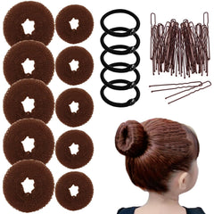 10 Pcs Hair Bun Maker - Donut Bun Maker for Hair(5 medium and 5 small),Ballet Bun for Women and Kids with Elastic Hair Ties, Hair Pins(Brown)