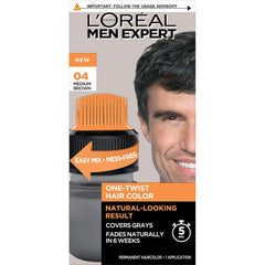 L’Oreal Paris Men Expert One Twist Mess Free Permanent Hair Color, Mens Hair Dye to Cover Grays, Easy Mix Ammonia Free Application, Light Medium Brown 05, 1 Application Kit