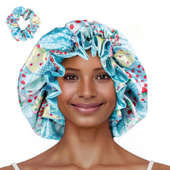 Floral Satin Bonnet with Scrunchie Set,Double Layer Ruffle Reusable Sleeping Shower Cap for Curly Hair Blue-cherry