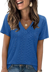 SAMPEEL Womens Summer Tops Trendy 2025 Eyelet Crossed V Neck T Shirts Loose Casual Short Sleeve Tshirts Shirts Fashion