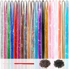 48 Inch Glitter Hair Tinsel Extensions Kit (16 Colors, 4800 Strands) With Tools - Heat Resistant Fairy Hair Accessories for Women, Girls, Kids
