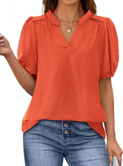 PRETTYGARDEN Womens Casual Summer Tops 2025 V Neck Short Puff Sleeve Pleated Cotton T Shirts Loose Dressy Blouses