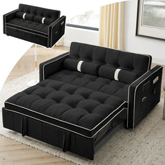 3 in 1 Pull Out Sofa Bed, 55.5" Convertible Futon Sofa Bed with 2 Pillows & Storage Pockets, Adjustable Loveseat Sleeper for Living Room, Bedroom Apartment, Velvet (Grey)