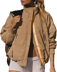 Winter Jackets for Women Long Sleeve High Neck Zipper Up Fleece Lined Overcoat Field Tripper Jacket with Pockets