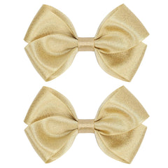 Tiny 3 Inch Glitter Hair Bows Clips - Lined Boutique Alligator Hairpin for Baby Girls, Toddlers, and Little Teens - Kids Barrettes Set of 2 Small Stylish (Gold)