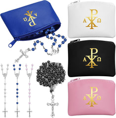 8 Pcs Rosary Pouch with Catholic Rosary Beads Y-Necklace Set for Women PU Leather Holder with Zipper and Gold Cross Imprint Case Portable Religious Bag for Travel