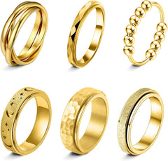 Fidget Rings for Anxiety 6pcs Stainless Steel Spinner Ring Anti Anxiety Ring Spinning Moon Star Cool Stress Relieveing CZ Band Rings Set for Women Men