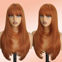 Black Long Straight Layered Wig with Bangs for Women 26 inch Put on Go Realistic Synthetic Fiber Heat Resistant Natural Wig for Girls Party Cosplay and Daily Use
