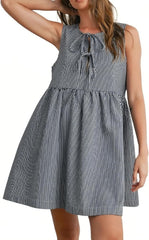 Womens Mini Red Stripe Bowknot Dress Round Neck Sleeveless A Line Casual Dresses