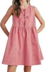 Womens Mini Red Stripe Bowknot Dress Round Neck Sleeveless A Line Casual Dresses
