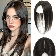 Hair Toppers for Women Real Human Hair, 360°3D Hairpieces for Women with Thinning Crown Wispy Clip in Bangs Realistic Scalp Line Hair Pieces (Dark brown)