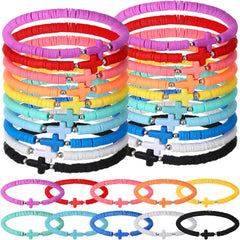 30 Pcs Cross Bracelets Bulk Jesus Bracelets Handmade Elastic Colorful Polymer Clay Beaded Religious Wristbands Christian Wristbands for Women Kids Sunday Halloween Christmas
