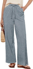 GRAPENT Striped Pants for Women High Waisted Wide Leg Cotton Linen Trendy Beach Pull on Elastic Waist Casual Flowy Pants