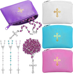8 Pcs Rosary Pouch with Catholic Rosary Beads Y-Necklace Set for Women PU Leather Holder with Zipper and Gold Cross Imprint Case Portable Religious Bag for Travel