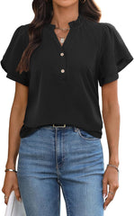 Womens Tops Dressy Casual Trendy Business Work Blouses Short Sleeve Ruffled V-Neck Tshirts