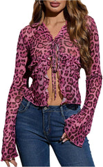 Women's Leopard Sheer Tops Bell Sleeve Tie Front V Neck T Shirt Vintage Party Y2K Clothes Going Out Top