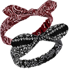 Hicarer 2 Pieces Bandana Headband for Women, Knot Retro Print Bandana Paisley Print Headband Adjustable Headwrap(Red)