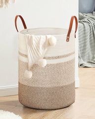 Laundry Basket, Jute Dirty Laundry Hamper with Leather Handles, Woven Laundry Basket for Pillows, Blankets, Toys, Decorative Basket for Living Room, Bathroom, Bedroom - 72L Brown & White