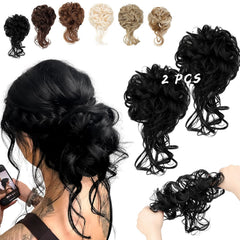 2PCS Messy Bun Hair Piece Tousled Updo with Tendrils Wavy Curly Hair Bun Scrunchies Ponytail Extension Elastic Band Hairpieces For Women (Light Brown mix Ash Blonde)