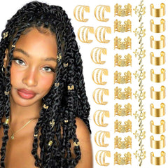 40PCS Gold Hair Jewelry for Braids Multi Style Hair Cuffs Adjustable Braid Jewelry Non-Piercing Ear Clips Loc Dreadlock Accessories for Women and Girls
