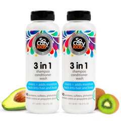 SoCozy 3 in 1 Kids Shampoo + Conditioner + Body Wash (16 Fl Oz) Gentle, Hydrating Hair & Body Cleanser with Keratin, Vitamin B5, & Kiwi Extract, Paraben & Sulfate-Free