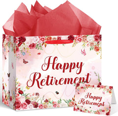 Wildflower Retirement Gift Bag for Women, Retired Gift Bag with Tissue Paper and Card Happy Retirement Gift Wrapping Paper Retired Gifts for Women Farewell Going Away Party Favor Bags Supplies