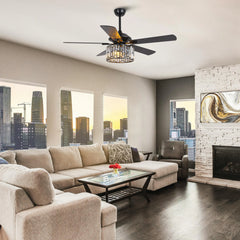 Parrot Uncle 52" Black Wood Modern Crystal Indoor Ceiling Fan Chandelier with Remote