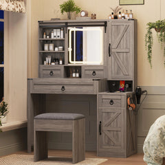 Farmhouse Vanity Desk with Sliding Mirror & Lights, Glass Top Vanity Set