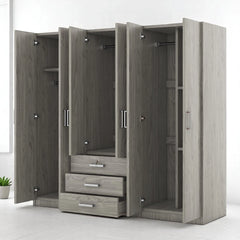 Modern 6-Door Wooden Wardrobe Armoire with Shelves, Drawers, and Locking Storage for Bedroom Use