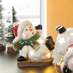 Glitzhome Set of 3 Lighted Ceramic Snowman Figurine Table Decor