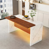 63" Kitchen Island with Marble Look Surface, LED Lights & Grille Design
