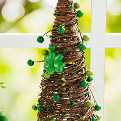 Glitzhome 16"H Set of 2 St. Patrick's Rattan Shamrock and Berries Table Tree