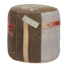 Canvas Pouf with Leather Accents - Brown or Multi Colored - Roche River Decor