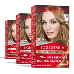 Revlon ColorSilk with Bond Repair Complex, Blonde Permanent Hair Color, 100% Gray Coverage, Ammonia Free Hair Dye, Vegan Keratin, 61 Dark Blonde (Pack of 3)