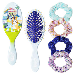 Frozen Princess Elsa Hair Accessory 5 Pcs Set - 1 Regular 9 inch Frozen Hairbrush & 4 Frozen Scrunchies - Detangling Brush & Elastic Hair Ties Ropes for Girls, Ages 3+