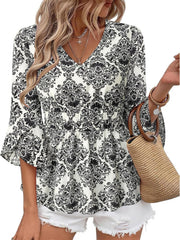 Timeson Women's 3/4 Sleeve Tops Dressy Casual V Neck Floral Blouses Elastic Waist Fall Shirts