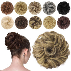 FESHFEN Messy Bun Hair Piece - Elastic Wavy Curly Hair Bun Scrunchies Extensions Synthetic Chignon Hairpieces for Women Girls, Black Brown 1.5 oz