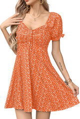 Missufe Women's Puff Short Sleeve Fit and Flare Casual Drawstring Floral Mini Sun Dresses 2025 Summer Vacation