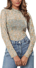 Womens Mesh Floral Long Sleeve Tops Lace Undershirt Mock Neck Going Out Sheer Blouses 2025 Trendy