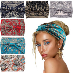 Yeshan Boho Bandeau headbands for Women Wide Bandana Knot Hair Scarf Floral Printed African Hair Bands Elastic Turban Thick Head Wraps Stretch Cotton Head Bands,Pack of 6