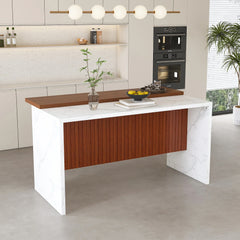 63" Kitchen Island with Marble Look Surface, LED Lights & Grille Design