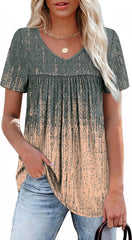 WEESO Womens T Shirts Short Sleeve Pleated Dressy Casual V Neck Summer Tops Blouses
