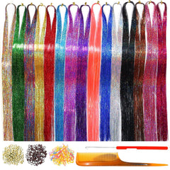 Hair Tinsel Tools Kit,Fairy Hair Strands for Women & Girls,Easy Apply Hair Highlights for Party, Festival & Daily Use (12 Colors+Tools, 47 Inches)