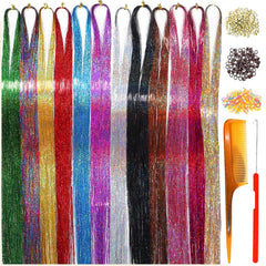 Hair Tinsel Tools Kit,Fairy Hair Strands for Women & Girls,Easy Apply Hair Highlights for Party, Festival & Daily Use (12 Colors+Tools, 47 Inches)