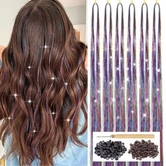 Purple Hair Tinsel Kit with Tool 6pcs 1200 Strands Glitter Tinsel Hair Extensions Heat Resistant Sparkling Shiny Fairy Hair Accessories for Women Girls Kids 47Inch