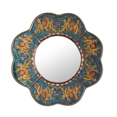 Handmade Reverse Painted Glass Blue Floral Mirror (Peru) - Multi - 16" x 16"